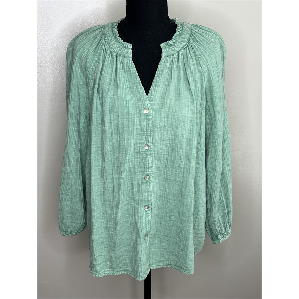 Wonderly Women's Ruffled Green Button Up Long Sleeve Blouse Size Small